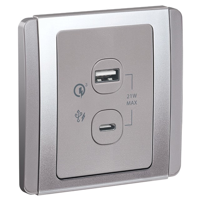 Outlet Data Schneider Neo 21W Type A + Type C, PD+QC3.0 USB Charger, Grey Silver