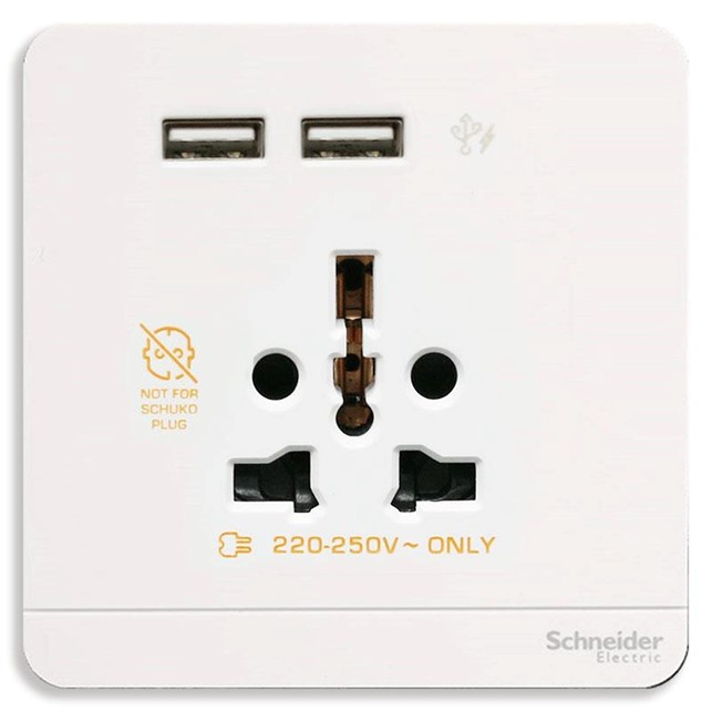 Stop Kontak Schneider AvatarOn, USB charger + 2 socket-outlet, 2P, 16A, White