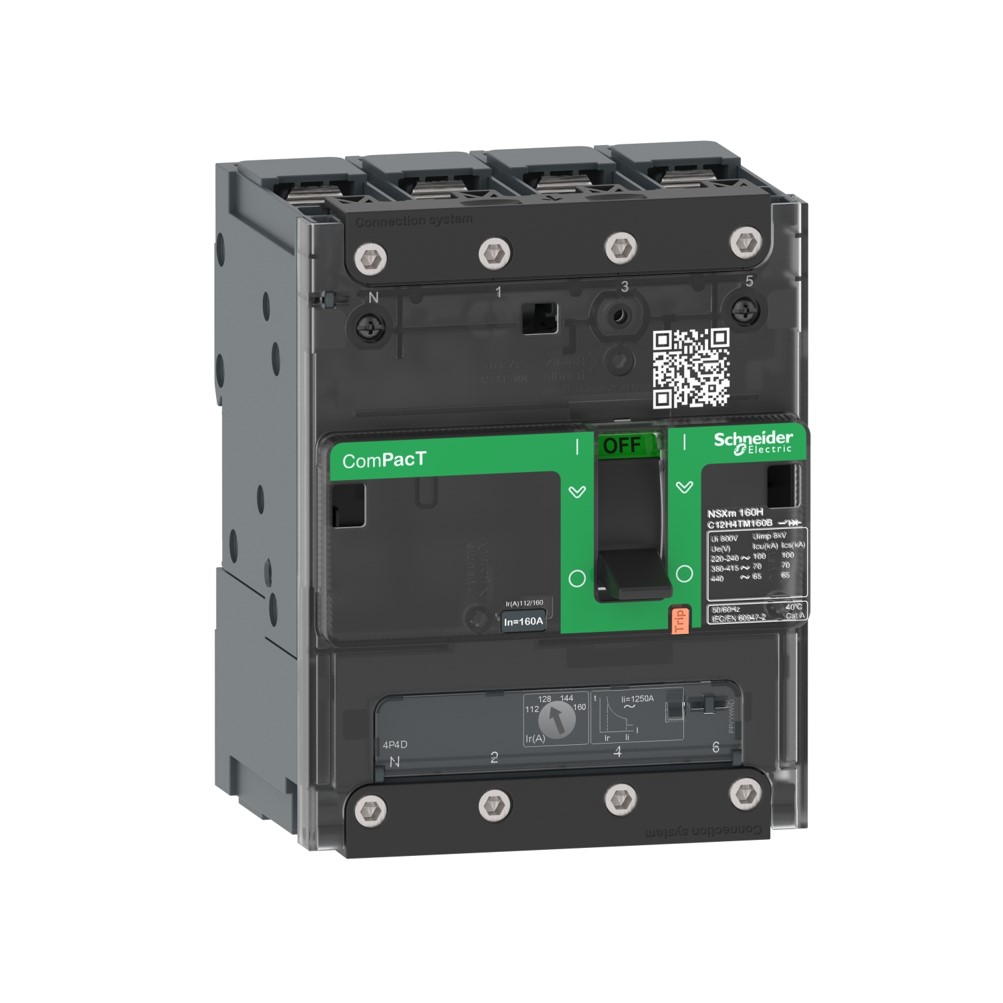 Schneider Circuit breaker, ComPacT NSXm 160F, 36kA/415VAC, 4 poles 3D (neutral not protected), TMD trip unit 160A, lugs/busbars (C12F6TM160B)