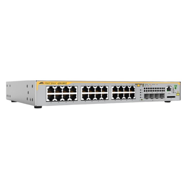 Allied Telesis L2+ switch with 24 x 10/100/1000T  ports and 4 x 100/1000X SFP ports. 1 year NCP support (AT-x230-28GT-B51)