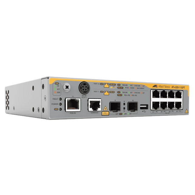 Allied Telesis L3 Gigabit Switch, 8x 10/100/1000-T PoE+, 1x 10/100/1000-T PoE-in, 2x SFP Ports, PoE pass-through support. 5 year NCP support (AT-x320-11GPT-B55)